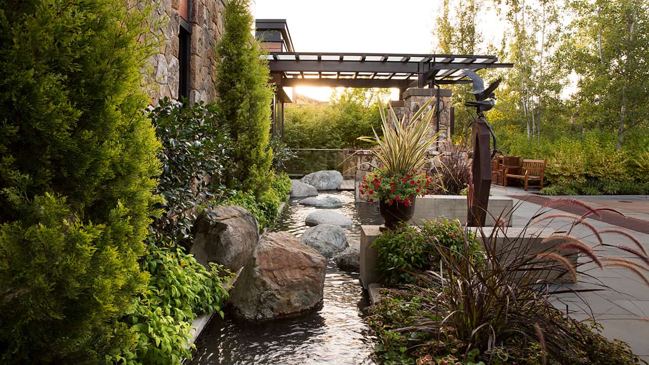 The Allison Inn & Spa entrance with water feature.