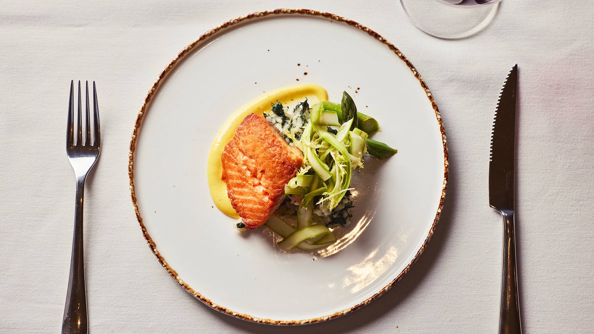 Spring Chinook Salmon with Nettle Risotto, Asparagus, Meyer Lemon Emulsion