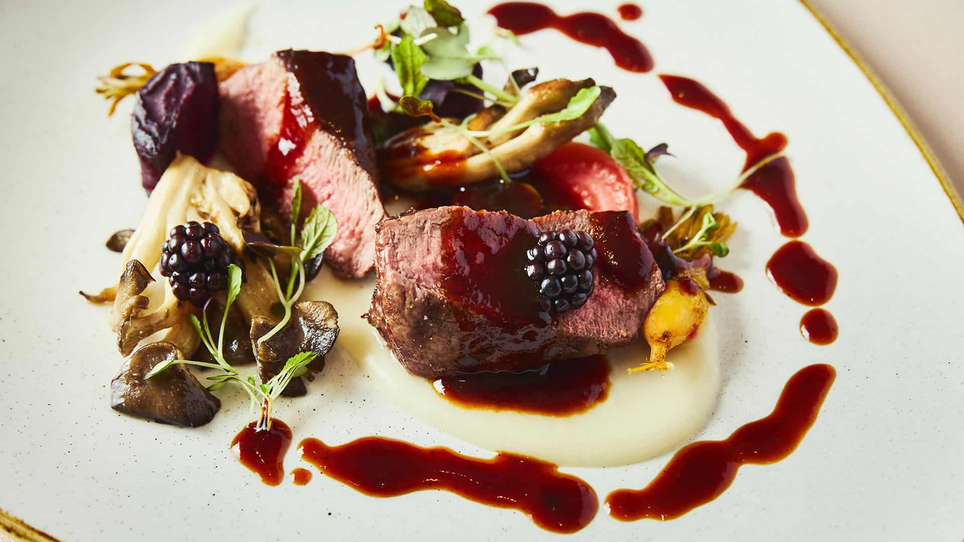 JORY Venison Loin - oyster mushrooms, baby beets, turnip purée, blackberry-pinot noir jus