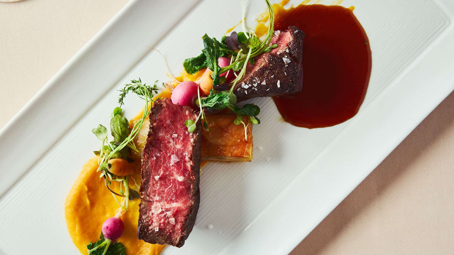 JORY Wagyu New York Striploin - Oregon truffles, root vegetable mille-feuille, carrots, radish