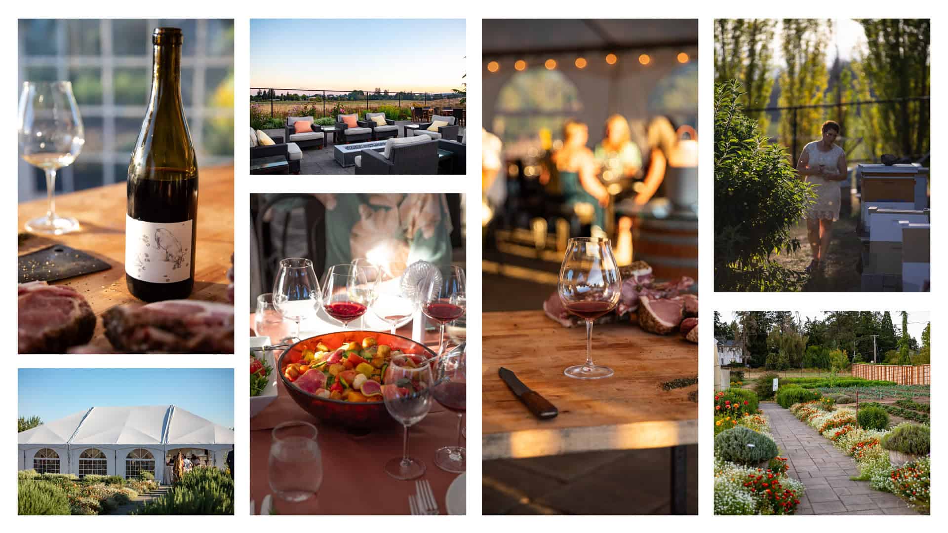 Collage of photos including Big Table Farm wines and meals prepared in the Chef's Garden.