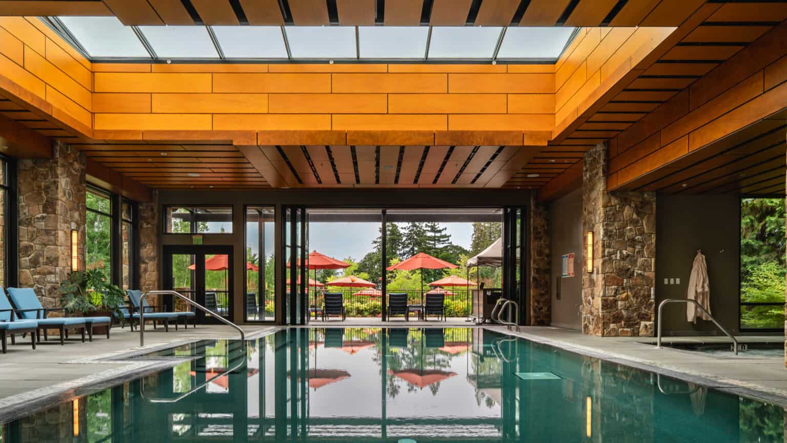 The indoor pool looking out to the sun terrace.