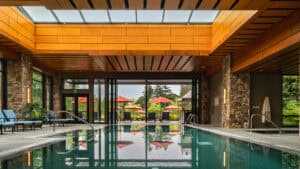 The indoor pool looking out to the sun terrace.