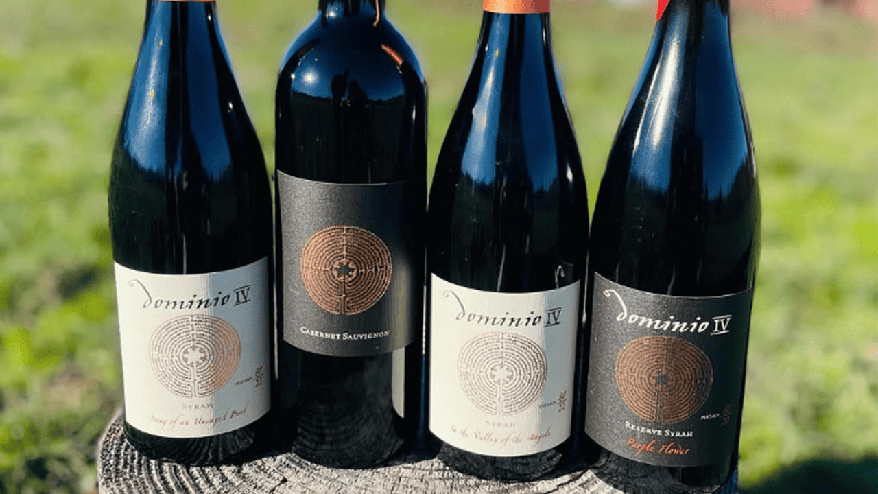 Four bottles of Dominio IV wine on a tree stump.