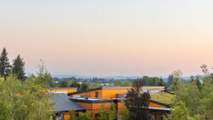 A view of The Allison Inn & Spa from above its estate vineyard with a color summer sky.