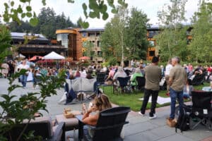 Guests gathered on the lawn of the Estate Garden listening to a local musician.