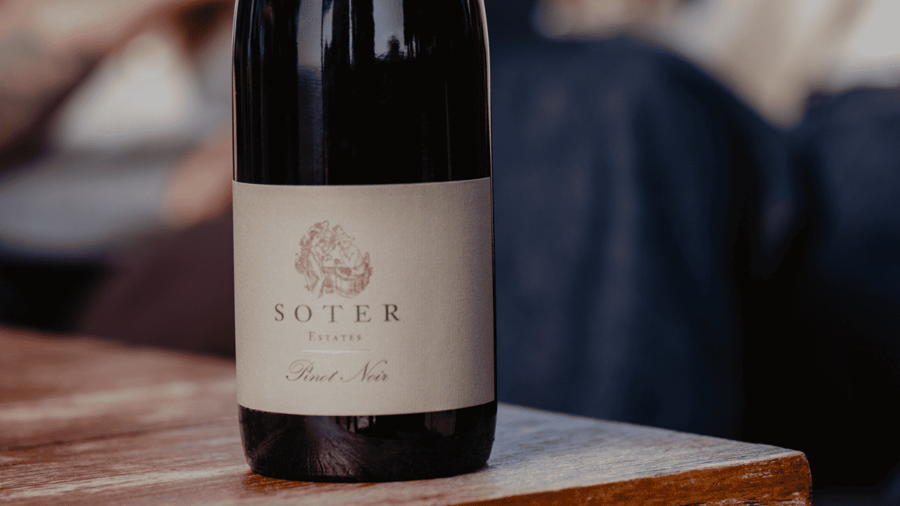 A close-up of a bottle of wine from Soter Vineyards.