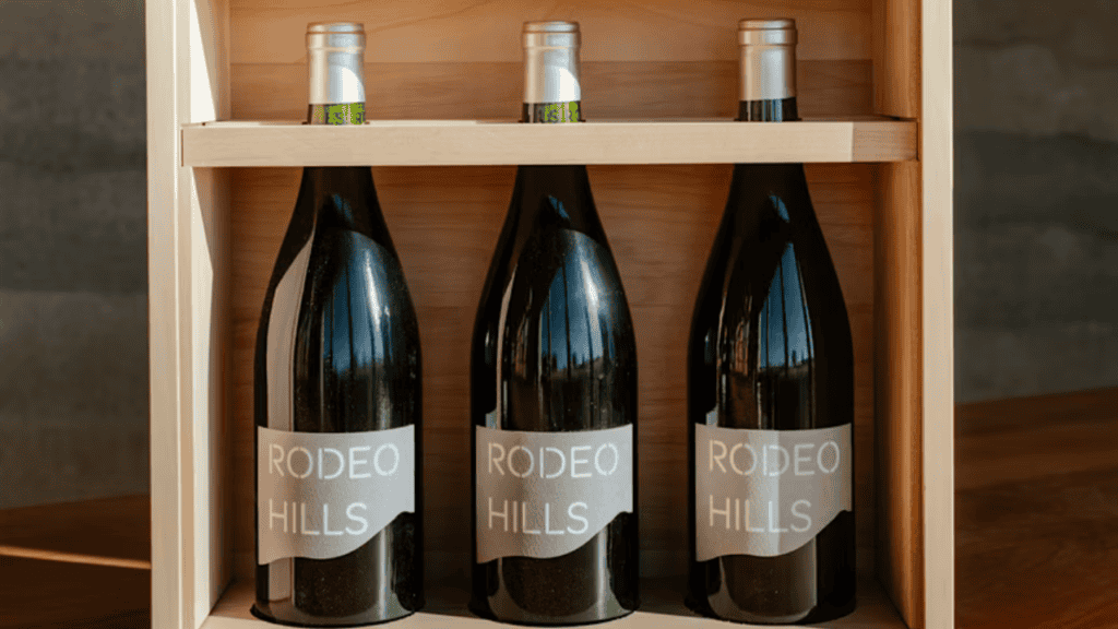 Three bottles of wine from Rodeo Hills packaged in a wooden box.
