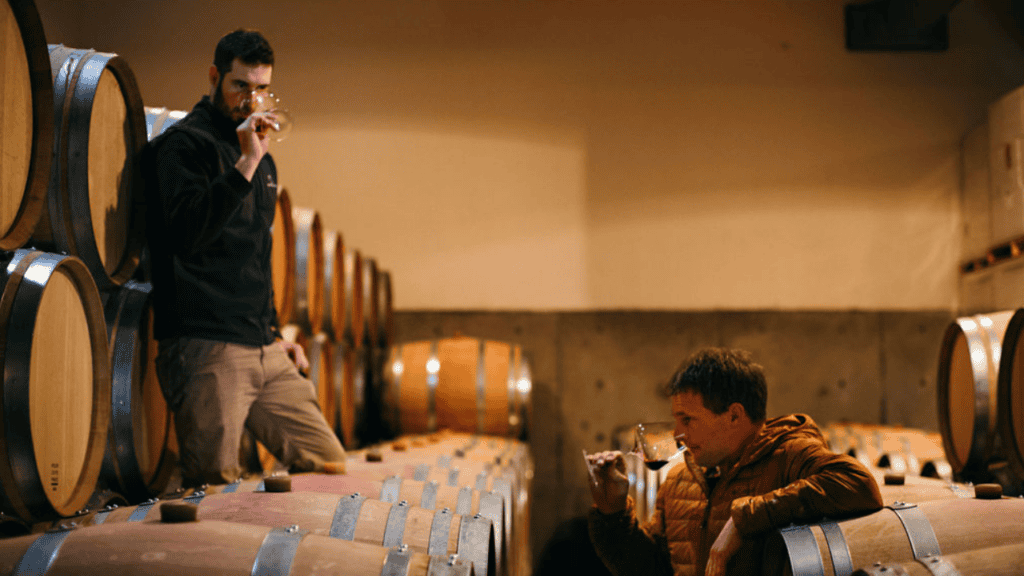 Two winemakers working at Beaux Frères.